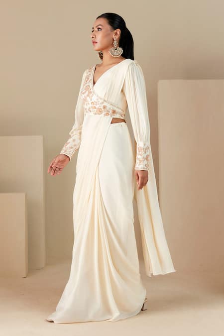 Buy_Suruchi Parakh_Off White Georgette Beads, Zari, Embroidered Wrap Blouse And Pre-draped Saree Set _Online_at_Aza_Fashions