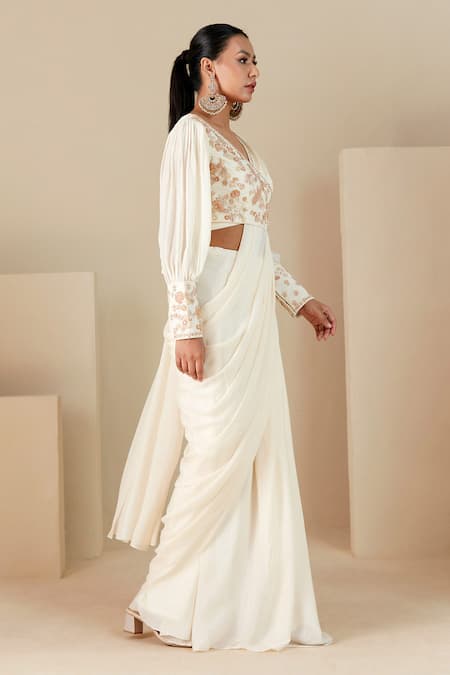Shop_Suruchi Parakh_Off White Georgette Beads, Zari, Embroidered Wrap Blouse And Pre-draped Saree Set _Online_at_Aza_Fashions