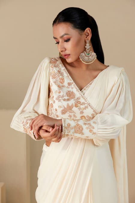Buy_Suruchi Parakh_Off White Georgette Beads, Zari, Embroidered Wrap Blouse And Pre-draped Saree Set 