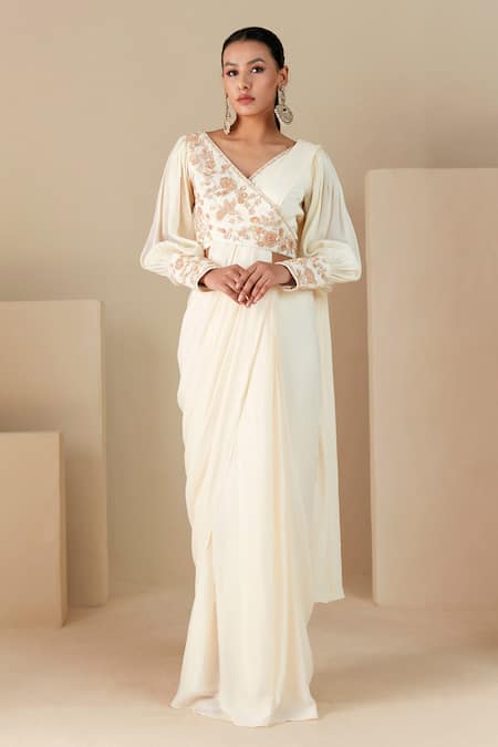 Suruchi Parakh Off White Georgette Crepe Hand Embroidered Wrap Blouse And Pre-draped Saree Set 