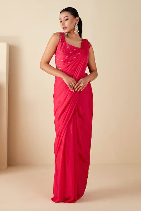 Suruchi Parakh_Pink Georgette Beads, Embroidery Round Zari Work Blouse And Pre-draped Saree Set _Online_at_Aza_Fashions