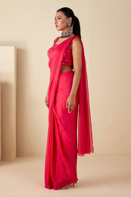 Buy_Suruchi Parakh_Pink Georgette Beads, Embroidery Round Zari Work Blouse And Pre-draped Saree Set _Online_at_Aza_Fashions