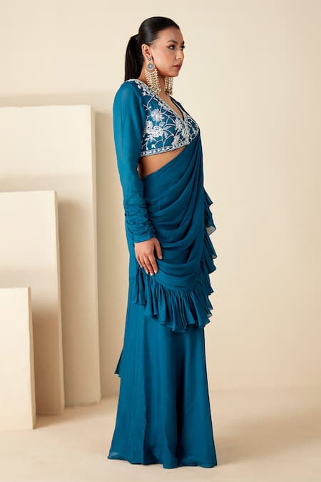 Shop Suruchi Parakh Blue Georgette Beads, Sequins V-neck Work Blouse And Pre-draped Saree Set Online at Aza Fashions Shop_Suruchi Parakh_Blue Georgette Beads, Sequins V-neck Work Blouse And Pre-draped Saree Set _Online_at_Aza_Fashions