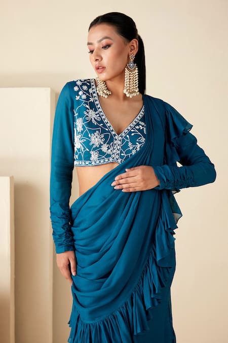 Suruchi Parakh Blue Georgette Beads, Sequins V-neck Work Blouse And Pre-draped Saree Set at Aza Fashions Suruchi Parakh_Blue Georgette Beads, Sequins V-neck Work Blouse And Pre-draped Saree Set _at_Aza_Fashions