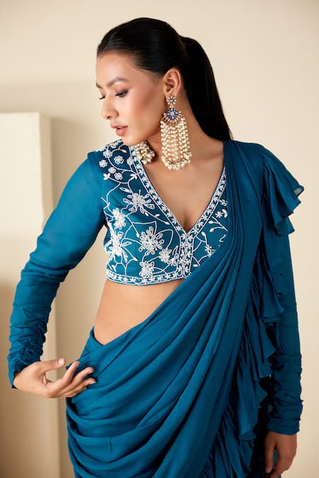 Buy Suruchi Parakh Blue Georgette Beads, Sequins V-neck Work Blouse And Pre-draped Saree Set Buy_Suruchi Parakh_Blue Georgette Beads, Sequins V-neck Work Blouse And Pre-draped Saree Set