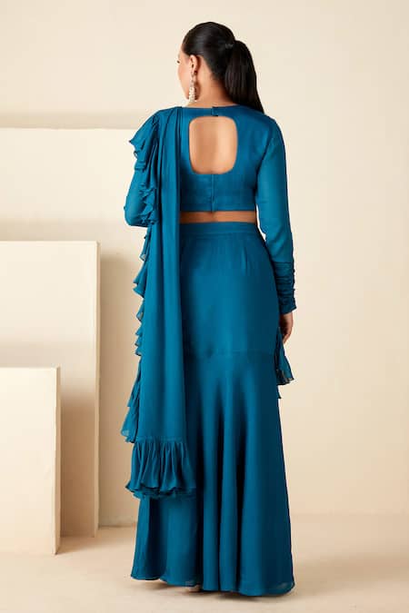 Shop Suruchi Parakh Blue Georgette Beads, Sequins V-neck Work Blouse And Pre-draped Saree Set at Aza Fashions Shop_Suruchi Parakh_Blue Georgette Beads, Sequins V-neck Work Blouse And Pre-draped Saree Set _at_Aza_Fashions