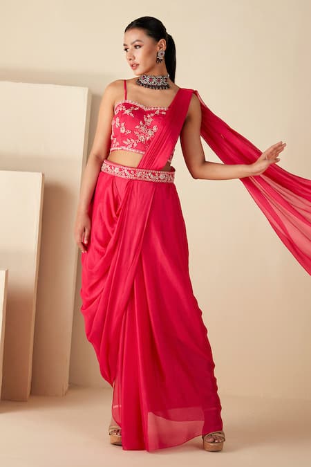Suruchi Parakh_Pink Georgette Beads, Cut Work, Sequins, Zari Blouse And Pre-draped Saree Set _Online_at_Aza_Fashions