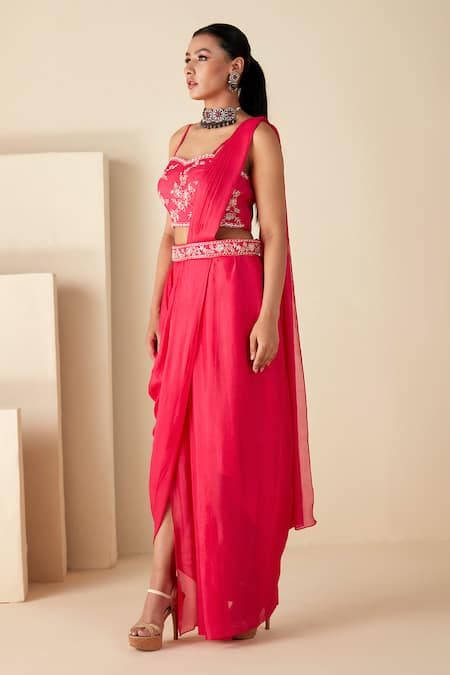 Buy_Suruchi Parakh_Pink Georgette Beads, Cut Work, Sequins, Zari Blouse And Pre-draped Saree Set _Online_at_Aza_Fashions