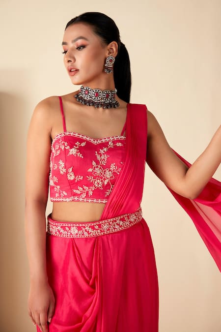 Shop_Suruchi Parakh_Pink Georgette Beads, Cut Work, Sequins, Zari Blouse And Pre-draped Saree Set _Online_at_Aza_Fashions