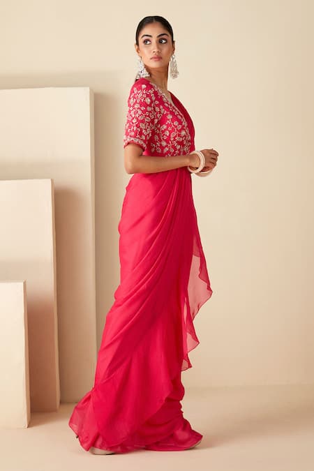 Suruchi Parakh_Pink Georgette, Crepe Beads, Zari, Embroidered Wrap Blouse With Pre-draped Saree _Online_at_Aza_Fashions