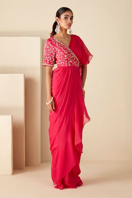 Buy_Suruchi Parakh_Pink Georgette, Crepe Beads, Zari, Embroidered Wrap Blouse With Pre-draped Saree _Online_at_Aza_Fashions