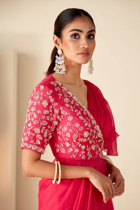 Shop_Suruchi Parakh_Pink Georgette, Crepe Beads, Zari, Embroidered Wrap Blouse With Pre-draped Saree _Online_at_Aza_Fashions