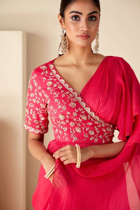 Suruchi Parakh_Pink Georgette, Crepe Beads, Zari, Embroidered Wrap Blouse With Pre-draped Saree _at_Aza_Fashions