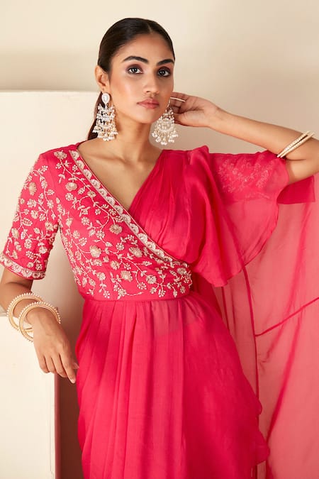 Buy_Suruchi Parakh_Pink Georgette, Crepe Beads, Zari, Embroidered Wrap Blouse With Pre-draped Saree 