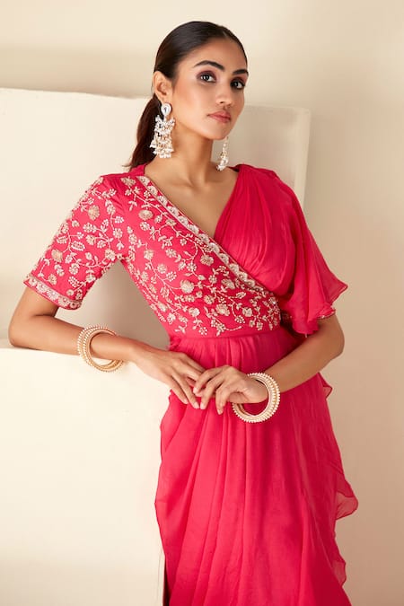 Shop_Suruchi Parakh_Pink Georgette, Crepe Beads, Zari, Embroidered Wrap Blouse With Pre-draped Saree 