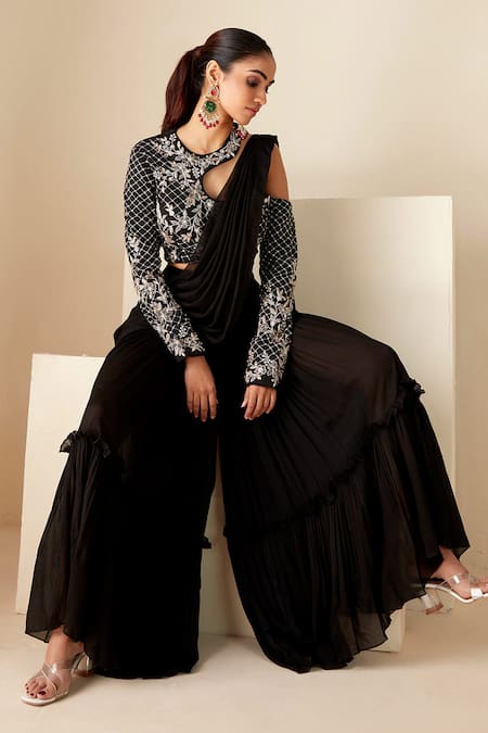 Suruchi Parakh_Black Georgette Beads, Zari, Sequins Open Embroidered Blouse And Sharara Saree Set _Online_at_Aza_Fashions