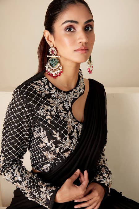 Buy_Suruchi Parakh_Black Georgette Beads, Zari, Sequins Open Embroidered Blouse And Sharara Saree Set _Online_at_Aza_Fashions