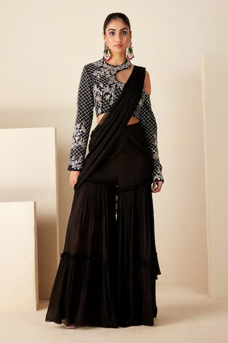 Shop_Suruchi Parakh_Black Georgette Beads, Zari, Sequins Open Embroidered Blouse And Sharara Saree Set _Online_at_Aza_Fashions