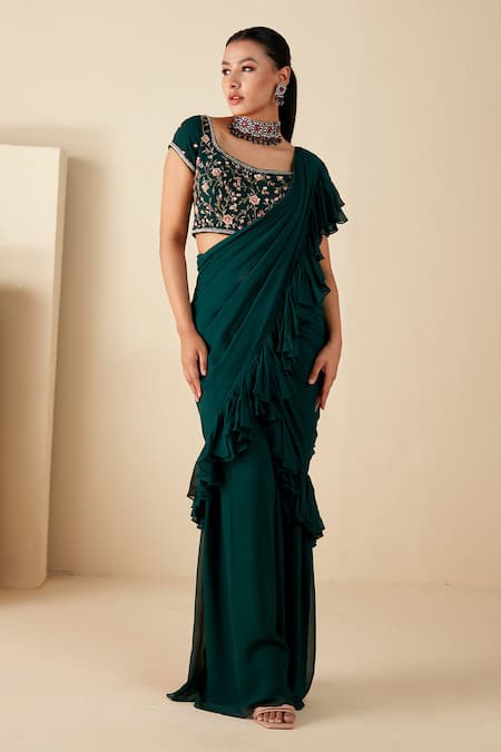 Suruchi Parakh_Green Georgette Sequins, Cut Work Boat Neck Embroidered Blouse And Pant Saree Set _Online_at_Aza_Fashions