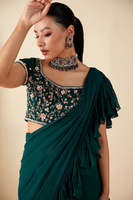 Shop_Suruchi Parakh_Green Georgette Sequins, Cut Work Boat Neck Embroidered Blouse And Pant Saree Set _Online_at_Aza_Fashions