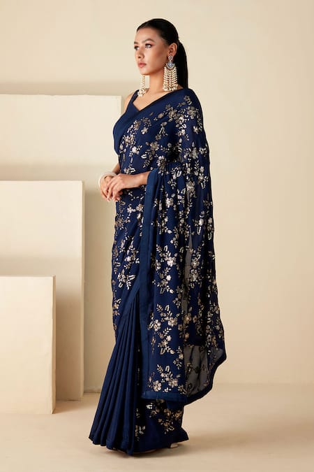 Suruchi Parakh Blue Georgette, Crepe Sequins, Embroidery Floral Jaal Pattern Saree With Blouse Online at Aza Fashions Suruchi Parakh_Blue Georgette, Crepe Sequins, Embroidery Floral Jaal Pattern Saree With Blouse _Online_at_Aza_Fashions