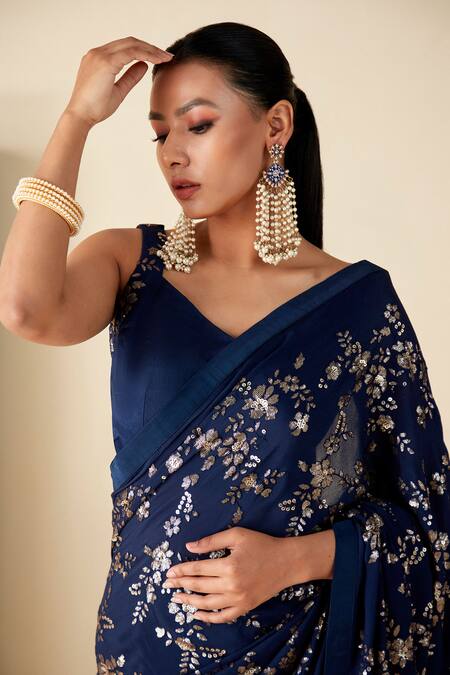 Buy Suruchi Parakh Blue Georgette, Crepe Sequins, Embroidery Floral Jaal Pattern Saree With Blouse Online at Aza Fashions Buy_Suruchi Parakh_Blue Georgette, Crepe Sequins, Embroidery Floral Jaal Pattern Saree With Blouse _Online_at_Aza_Fashions