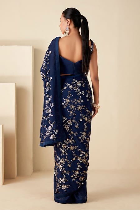 Shop Suruchi Parakh Blue Georgette, Crepe Sequins, Embroidery Floral Jaal Pattern Saree With Blouse at Aza Fashions Shop_Suruchi Parakh_Blue Georgette, Crepe Sequins, Embroidery Floral Jaal Pattern Saree With Blouse _at_Aza_Fashions