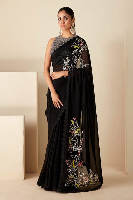 Suruchi Parakh Black Organza, Tissue Sequins Collared Work Skirt Saree Set Online at Aza Fashions Suruchi Parakh_Black Organza, Tissue Sequins Collared Work Skirt Saree Set _Online_at_Aza_Fashions