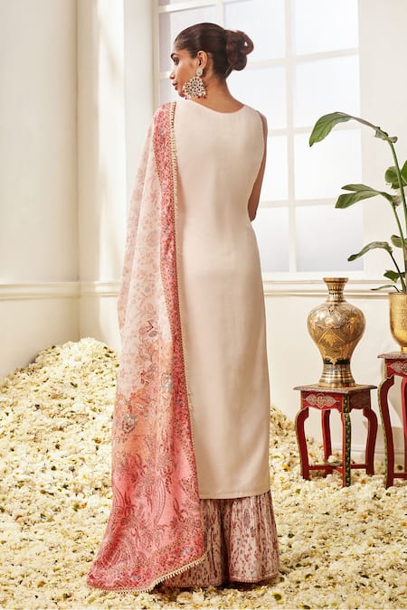 Lashkaraa_Cream Satin, Velvet, Chiffon Pearls, Mughal Floral Print Kurta Sharara Set _Online_at_Aza_Fashions