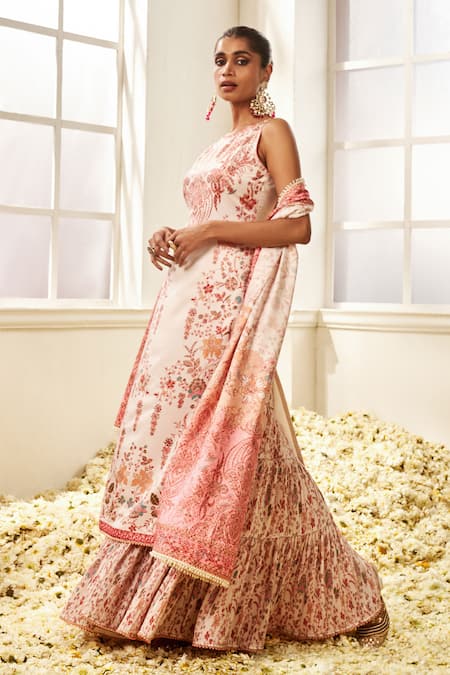 Buy_Lashkaraa_Cream Satin, Velvet, Chiffon Pearls, Mughal Floral Print Kurta Sharara Set _Online_at_Aza_Fashions