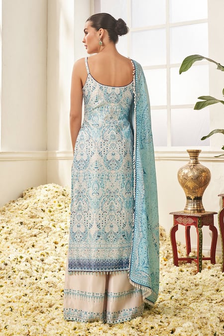 Lashkaraa White Satin, Velvet, Chiffon Pearls V-neck Floral Paisley Printed Kurta Set Online at Aza Fashions Lashkaraa_White Satin, Velvet, Chiffon Pearls V-neck Floral Paisley Printed Kurta Set _Online_at_Aza_Fashions