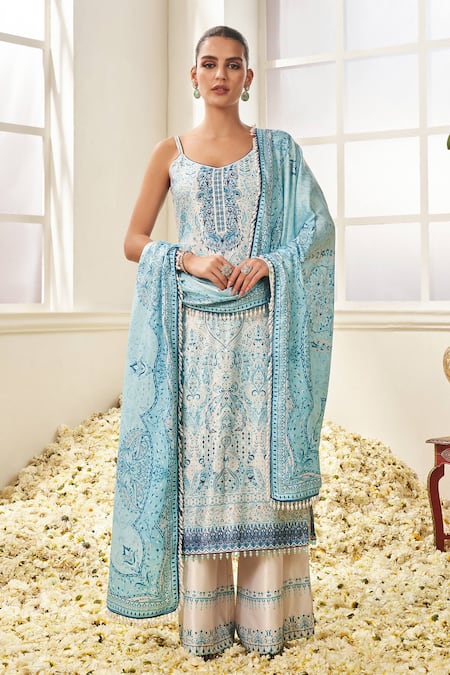 Shop Lashkaraa White Satin, Velvet, Chiffon Pearls V-neck Floral Paisley Printed Kurta Set Online at Aza Fashions Shop_Lashkaraa_White Satin, Velvet, Chiffon Pearls V-neck Floral Paisley Printed Kurta Set _Online_at_Aza_Fashions