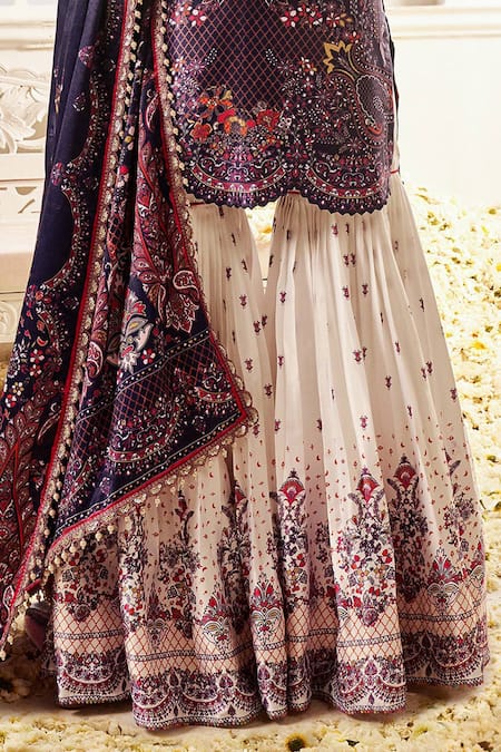 Buy_Lashkaraa_Blue Silk Pearls, Lace, Embroidery V-neck Floral Mughal Print Kurta Gharara Set _Online_at_Aza_Fashions