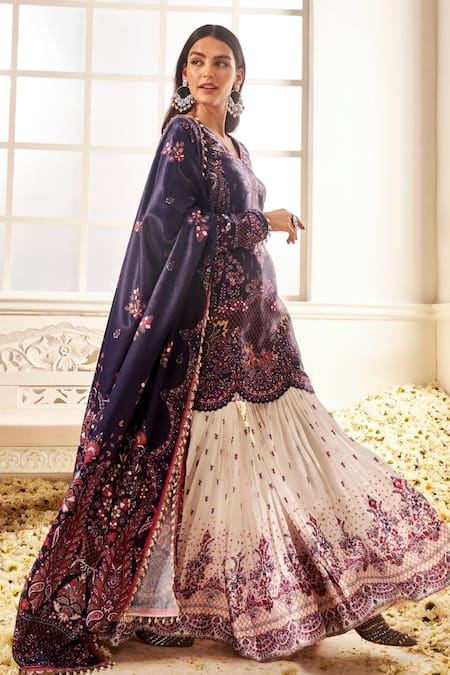 Shop_Lashkaraa_Blue Silk Pearls, Lace, Embroidery V-neck Floral Mughal Print Kurta Gharara Set _Online_at_Aza_Fashions