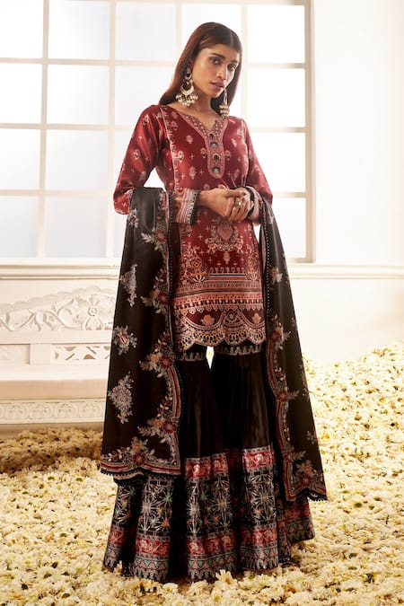 LASHKARAA Brown Satin Printed Floral Blossom Notched Kurta Gharara Set 