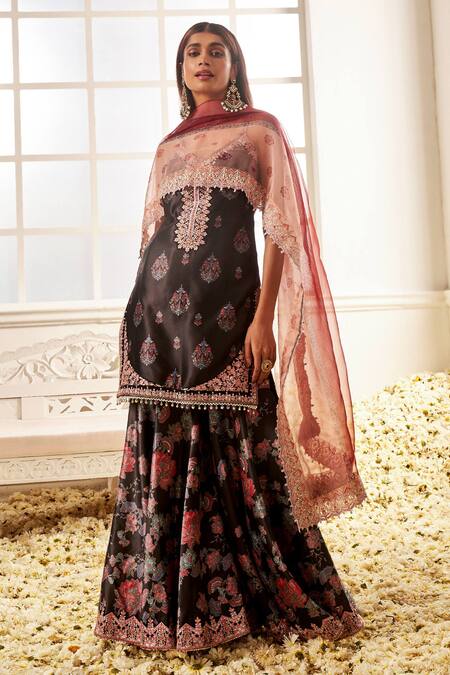 Buy Lashkaraa Black Satin, Velvet, Chiffon Embroidery, Beads Floral Thread Kurta Gharara Set Online at Aza Fashions Buy_Lashkaraa_Black Satin, Velvet, Chiffon Embroidery, Beads Floral Thread Kurta Gharara Set_Online_at_Aza_Fashions
