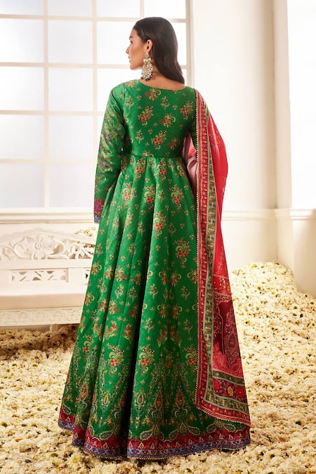 Shop Lashkaraa Green Satin Beads, Embroidery Round Neck Floral Embellished Anarkali Set at Aza Fashions Shop_Lashkaraa_Green Satin Beads, Embroidery Round Neck Floral Embellished Anarkali Set_at_Aza_Fashions