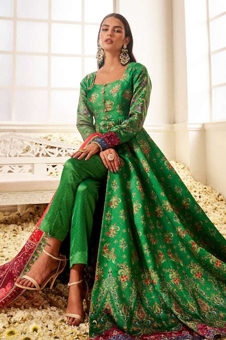 Lashkaraa Green Satin Beads, Embroidery Round Neck Floral Embellished Anarkali Set Online at Aza Fashions Lashkaraa_Green Satin Beads, Embroidery Round Neck Floral Embellished Anarkali Set_Online_at_Aza_Fashions