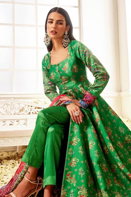 Buy Lashkaraa Green Satin Beads, Embroidery Round Neck Floral Embellished Anarkali Set Online at Aza Fashions Buy_Lashkaraa_Green Satin Beads, Embroidery Round Neck Floral Embellished Anarkali Set_Online_at_Aza_Fashions