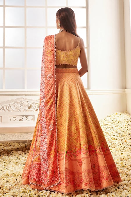 Lashkaraa_Yellow Cotton, Linen Pearls, Stones Square Neck Floral Blossom Print Lehenga Set _Online_at_Aza_Fashions