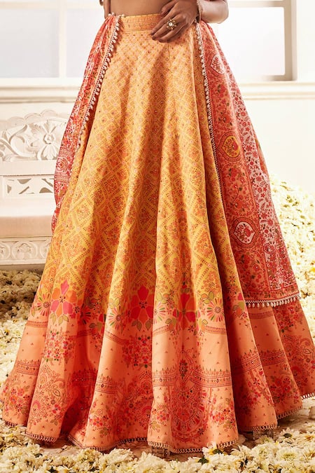 Buy_Lashkaraa_Yellow Cotton, Linen Pearls, Stones Square Neck Floral Blossom Print Lehenga Set _Online_at_Aza_Fashions