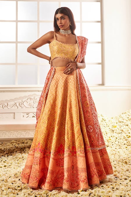 Shop_Lashkaraa_Yellow Cotton, Linen Pearls, Stones Square Neck Floral Blossom Print Lehenga Set _Online_at_Aza_Fashions