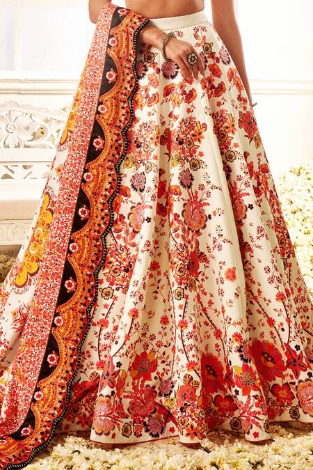 Buy Lashkaraa Orange Satin, Linen Embroidery V-neck Floral Vine Print Lehenga Set Online at Aza Fashions Buy_Lashkaraa_Orange Satin, Linen Embroidery V-neck Floral Vine Print Lehenga Set _Online_at_Aza_Fashions
