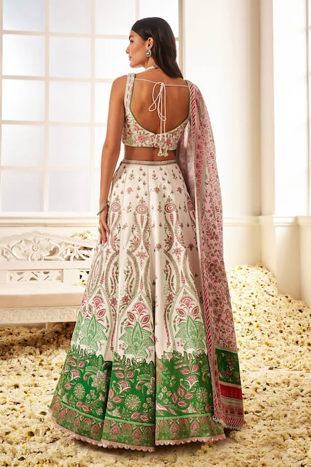 Lashkaraa White Satin, Linen Pearls, Sequins, Stones Floral Garden Print Lehenga Set Online at Aza Fashions Lashkaraa_White Satin, Linen Pearls, Sequins, Stones Floral Garden Print Lehenga Set _Online_at_Aza_Fashions