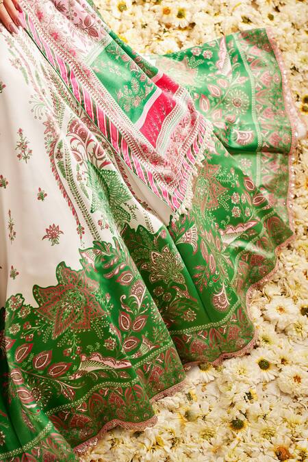 Buy Lashkaraa White Satin, Linen Pearls, Sequins, Stones Floral Garden Print Lehenga Set Buy_Lashkaraa_White Satin, Linen Pearls, Sequins, Stones Floral Garden Print Lehenga Set