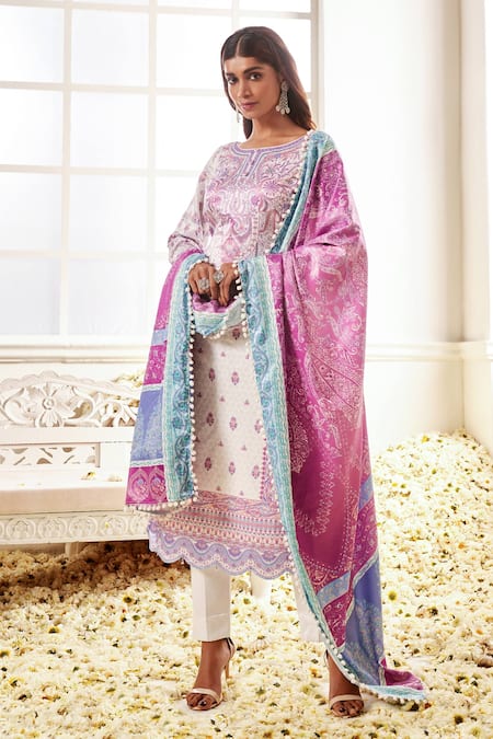 Lashkaraa_White Silk Printed Floral Jaal Boat Kurta Pant Set _Online_at_Aza_Fashions