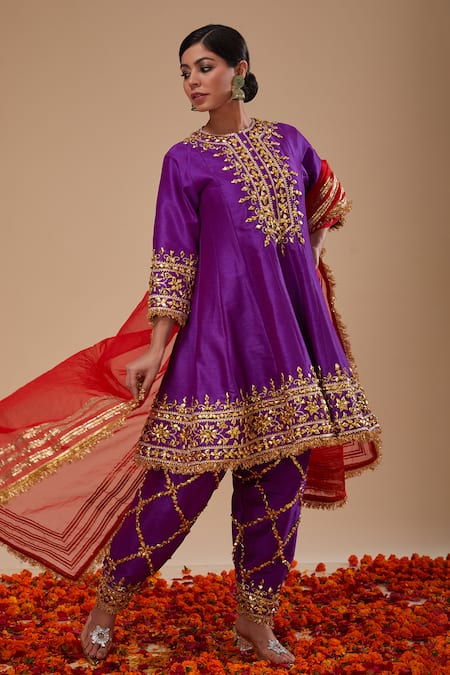 Preeti S Kapoor Purple Dupion Embroidery Gota Round Floret Short Anarkali Salwar Set 