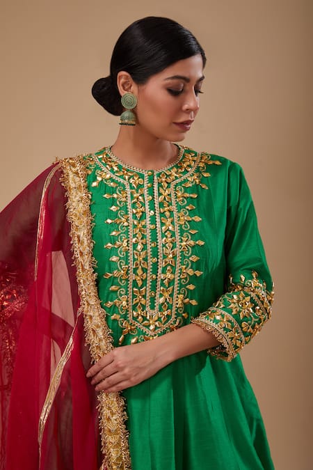 Preeti S Kapoor Green Organza, Denim Gota Patti, Floweret Embroidered Short Anarkali Salwar Set Online at Aza Fashions Preeti S Kapoor_Green Organza, Denim Gota Patti, Floweret Embroidered Short Anarkali Salwar Set _Online_at_Aza_Fashions