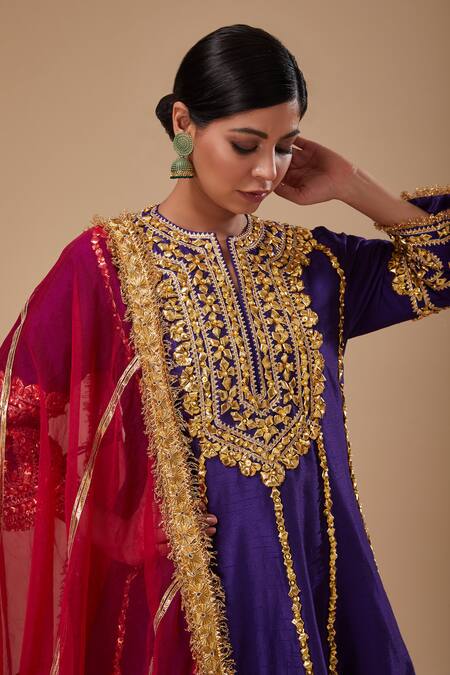 Preeti S Kapoor_Blue Organza Gota Patti, Pearls Round Florid Embroidered Anarkali Salwar Set _Online_at_Aza_Fashions