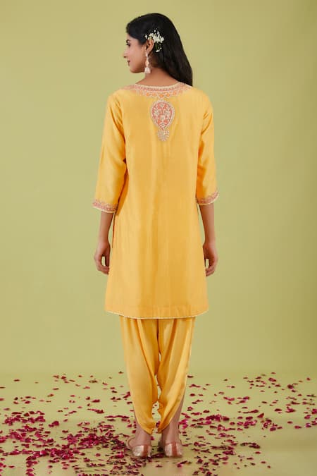 Shop Preeti S Kapoor Yellow Chanderi, Bamboo Pearls, Sequins, Bloom Yoke Kurta With Samosa Pant at Aza Fashions Shop_Preeti S Kapoor_Yellow Chanderi, Bamboo Pearls, Sequins, Bloom Yoke Kurta With Samosa Pant _at_Aza_Fashions